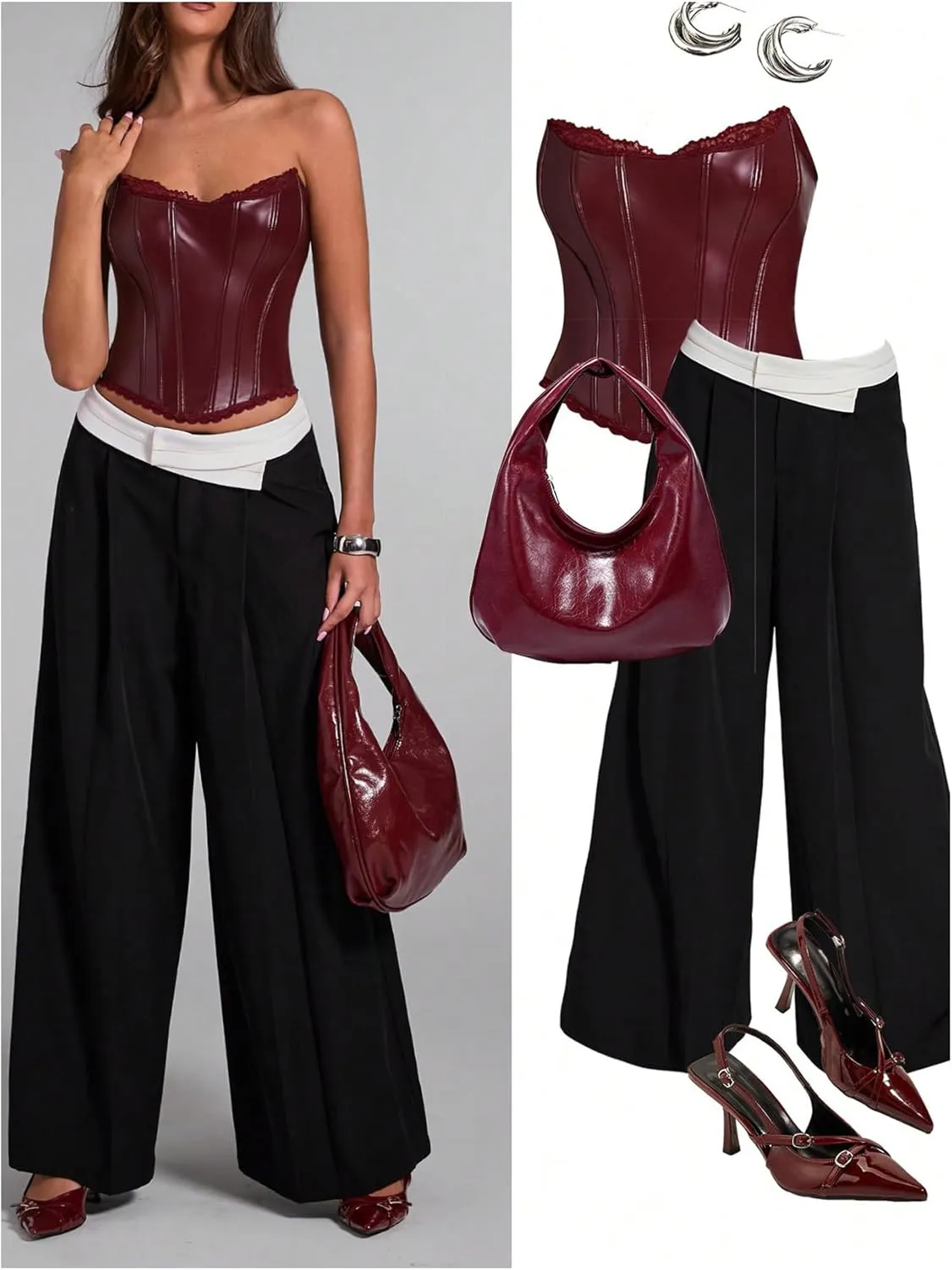 WDIRARA Women's PU Leather Corset Tube Top Lace Up Back Strapless Bandeau Bustier Crop Tops