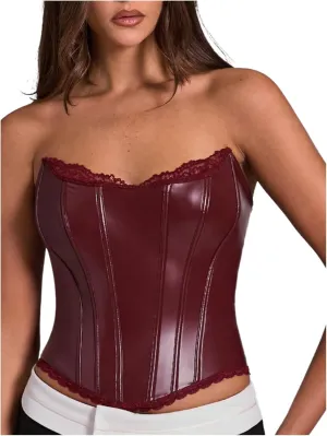 WDIRARA Women's PU Leather Corset Tube Top Lace Up Back Strapless Bandeau Bustier Crop Tops
