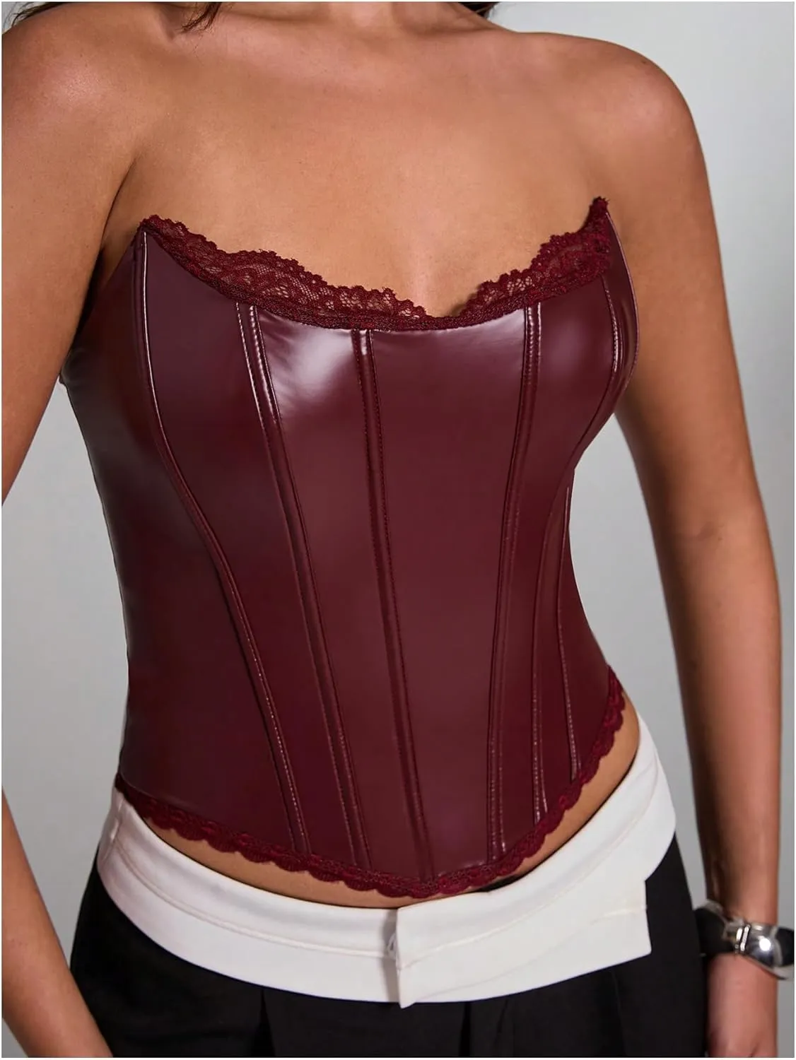 WDIRARA Women's PU Leather Corset Tube Top Lace Up Back Strapless Bandeau Bustier Crop Tops