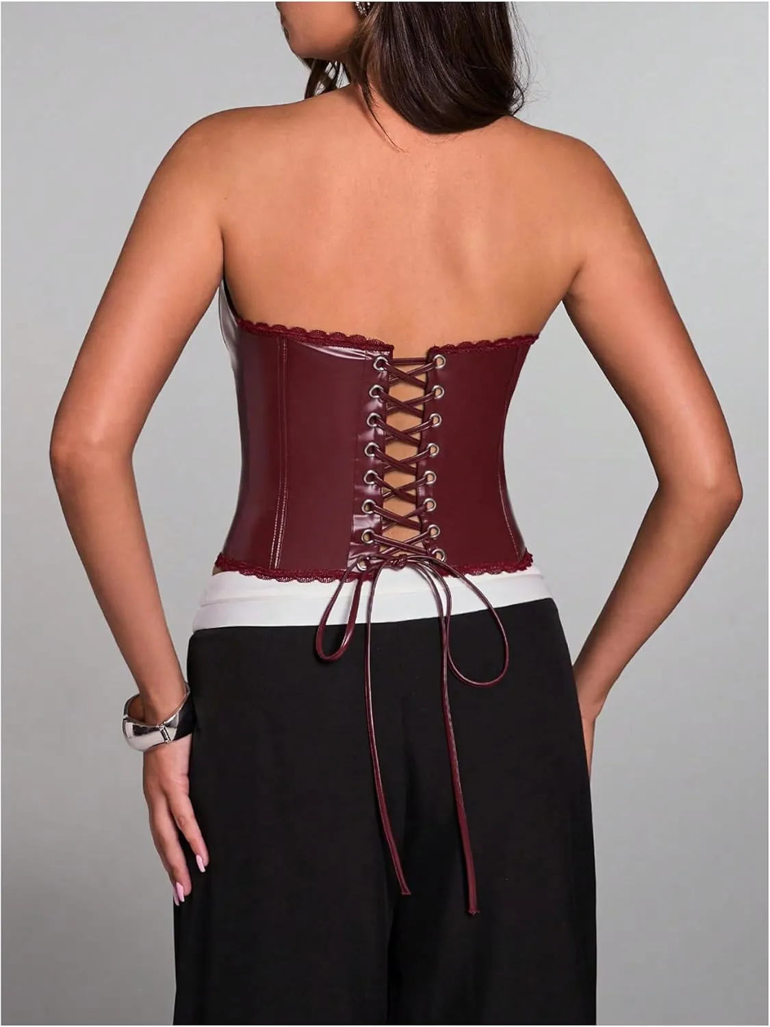 WDIRARA Women's PU Leather Corset Tube Top Lace Up Back Strapless Bandeau Bustier Crop Tops
