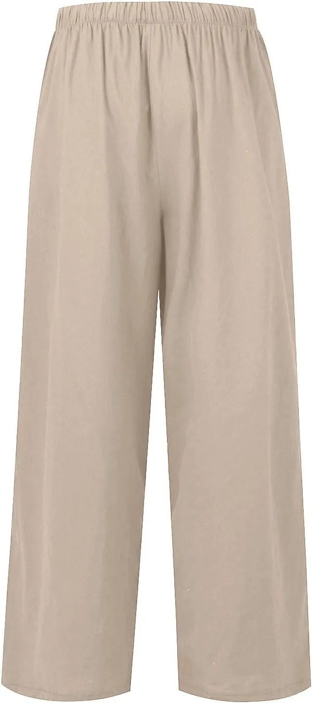 Wide Leg Linen Pants Women Summer Lightweight Elastic High Waisted Flowy Palazzo Pants Loose Fit Lounge Beach Pants