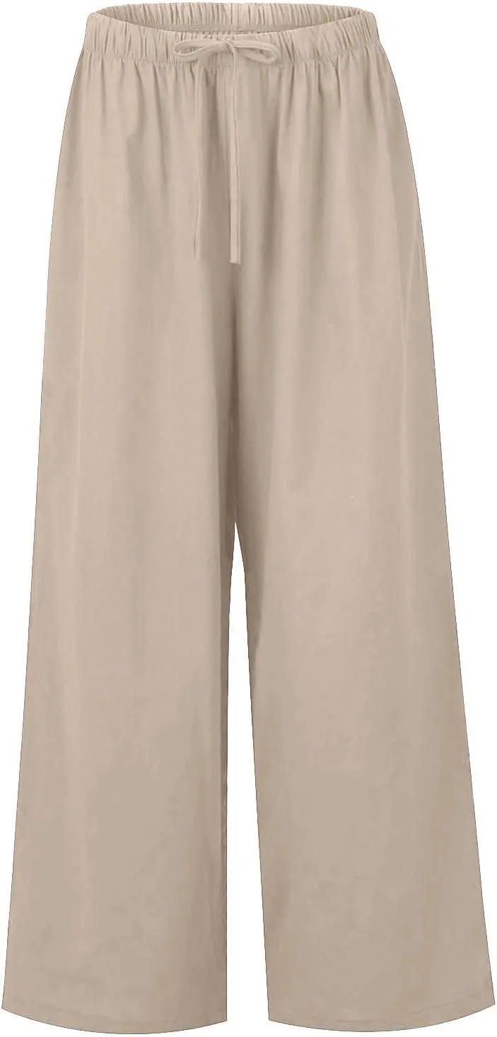 Wide Leg Linen Pants Women Summer Lightweight Elastic High Waisted Flowy Palazzo Pants Loose Fit Lounge Beach Pants