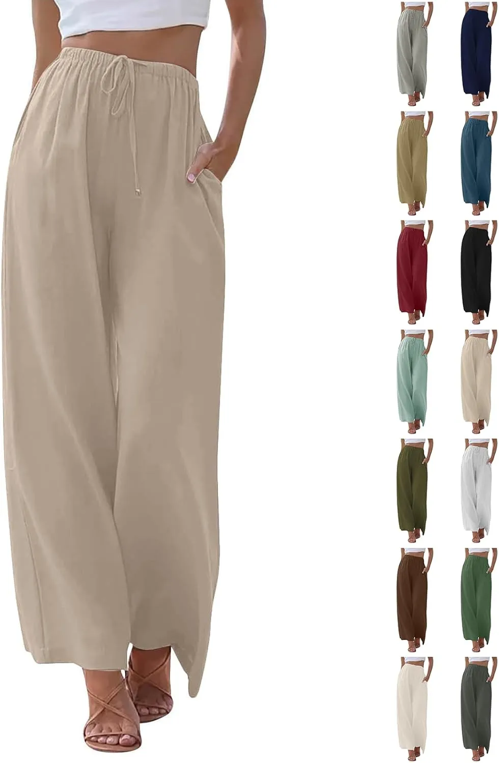 Wide Leg Linen Pants Women Summer Lightweight Elastic High Waisted Flowy Palazzo Pants Loose Fit Lounge Beach Pants