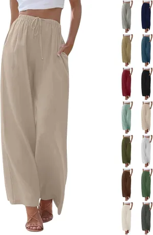 Wide Leg Linen Pants Women Summer Lightweight Elastic High Waisted Flowy Palazzo Pants Loose Fit Lounge Beach Pants