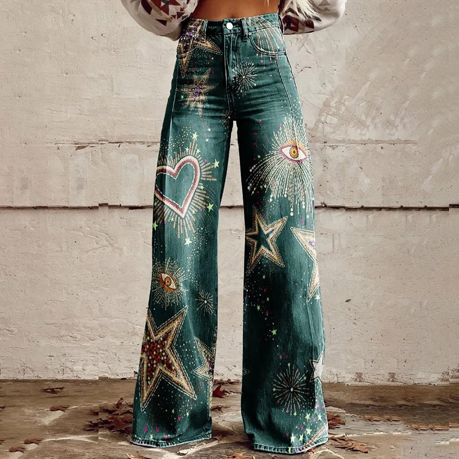 Wide Leg Pants Woman High Waist Floral Patterned Pants Lightweight Loose Fit Casual Colorful Trouser Imitation Jean