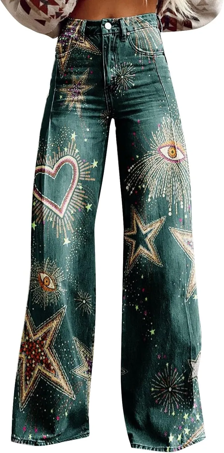 Wide Leg Pants Woman High Waist Floral Patterned Pants Lightweight Loose Fit Casual Colorful Trouser Imitation Jean