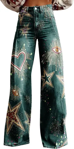 Wide Leg Pants Woman High Waist Floral Patterned Pants Lightweight Loose Fit Casual Colorful Trouser Imitation Jean