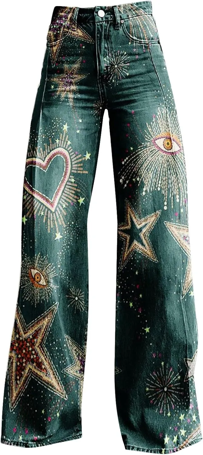 Wide Leg Pants Woman High Waist Floral Patterned Pants Lightweight Loose Fit Casual Colorful Trouser Imitation Jean
