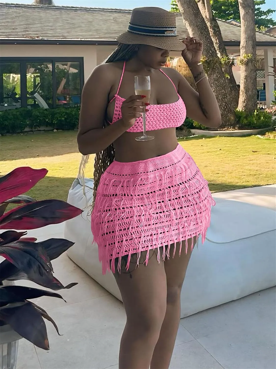 Women 2 Piece Outfits Sexy Crochet Mini Dress Hollow Tassel Skirts Sets Summer Bandage Tube Tops