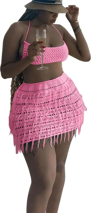 Women 2 Piece Outfits Sexy Crochet Mini Dress Hollow Tassel Skirts Sets Summer Bandage Tube Tops