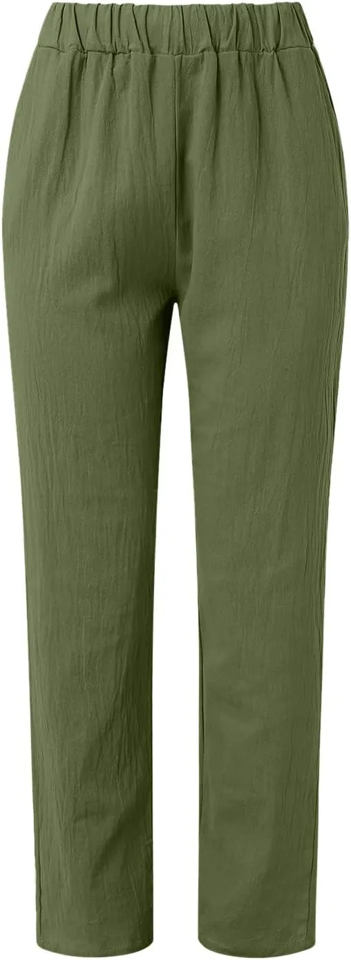 Women Cotton Linen Pants Summer Wide Leg Pants Elastic High Waist Palazzo Pants Casual Beach Trousers with Pockets
