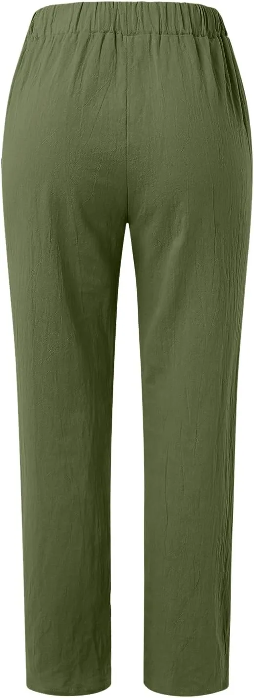 Women Cotton Linen Pants Summer Wide Leg Pants Elastic High Waist Palazzo Pants Casual Beach Trousers with Pockets
