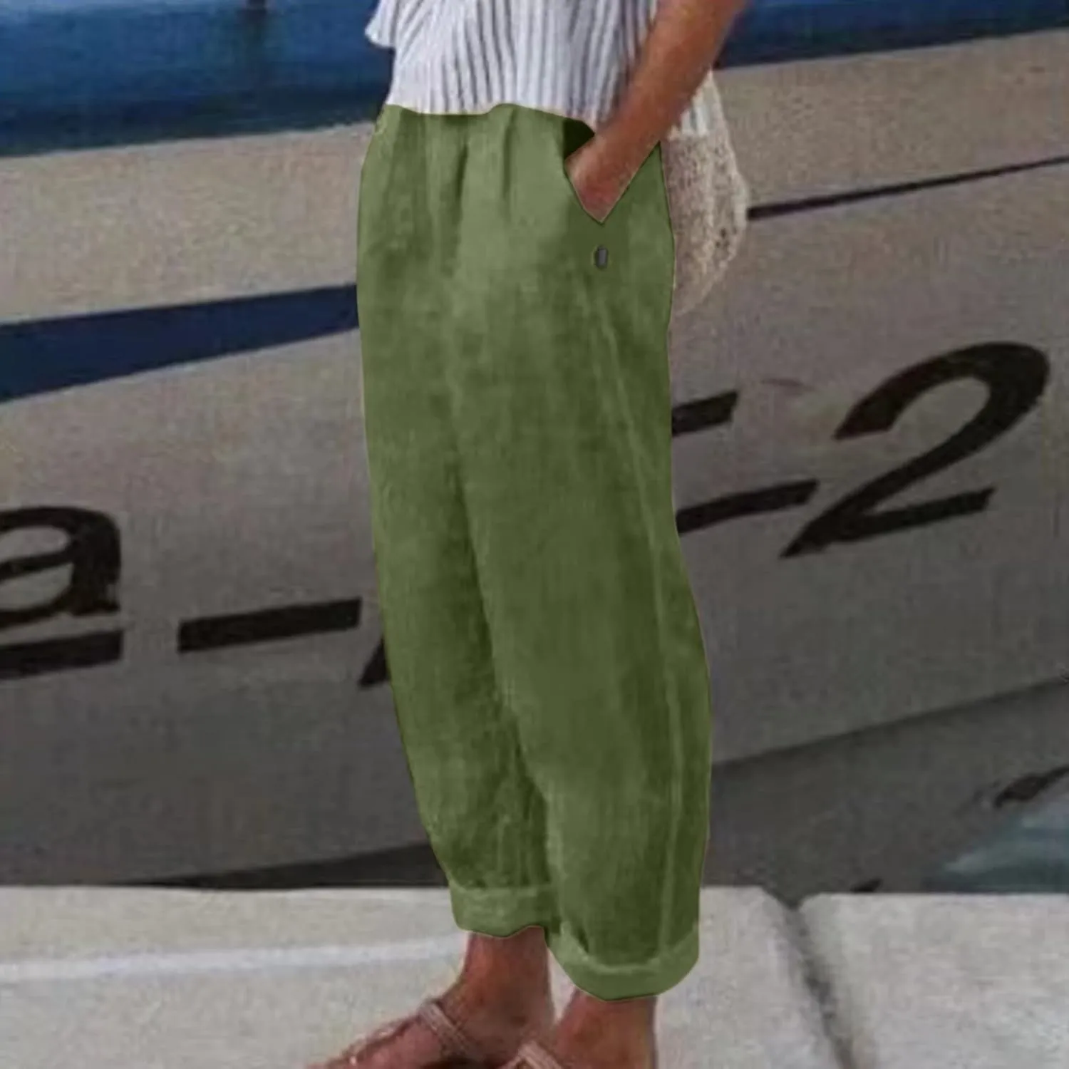 Women Cotton Linen Pants Summer Wide Leg Pants Elastic High Waist Palazzo Pants Casual Beach Trousers with Pockets