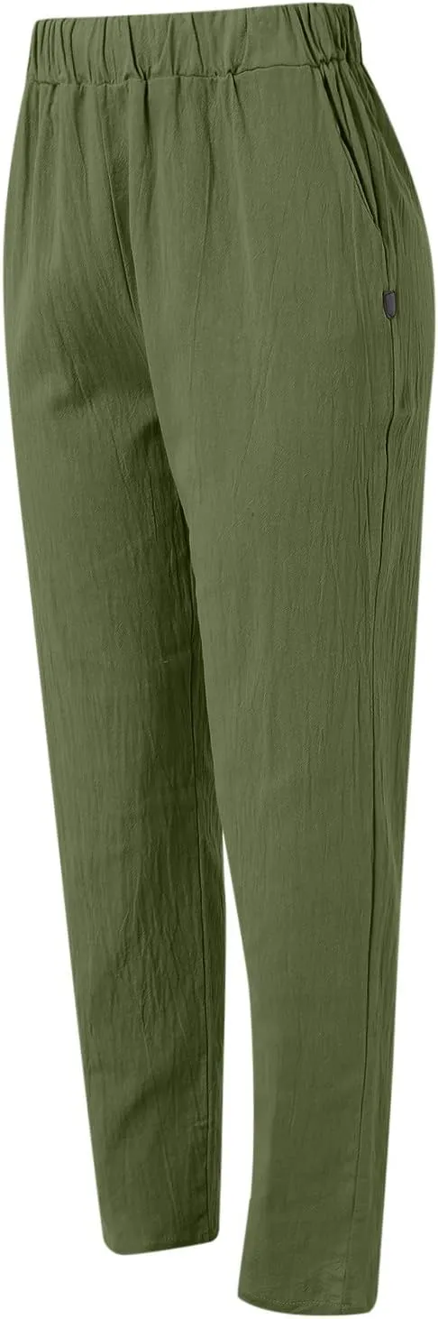 Women Cotton Linen Pants Summer Wide Leg Pants Elastic High Waist Palazzo Pants Casual Beach Trousers with Pockets
