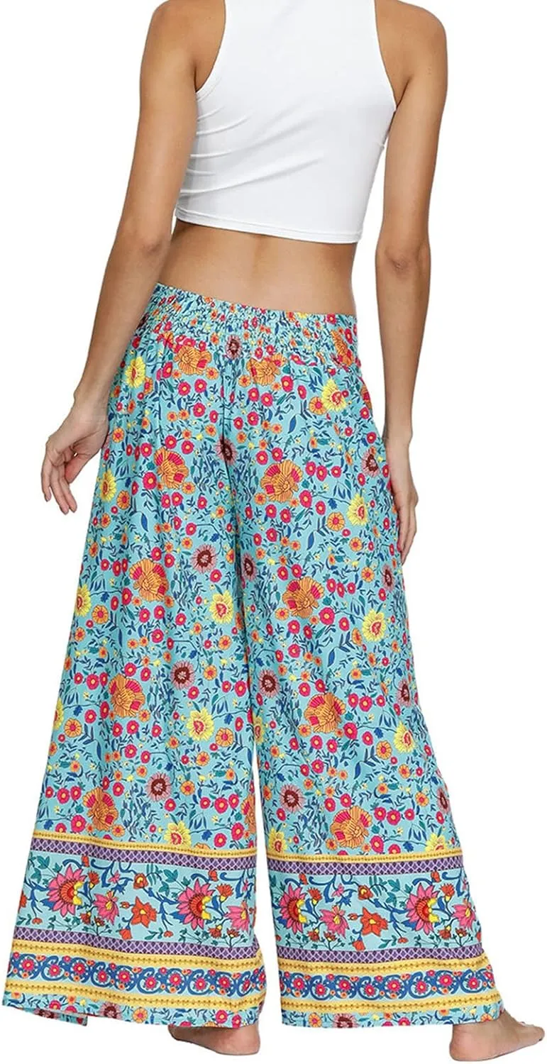 Women Linen High Waist Loose Harem Pants Flared Bottom Wide Leg Palazzo Casual Floral Print Beach Boho Trousers