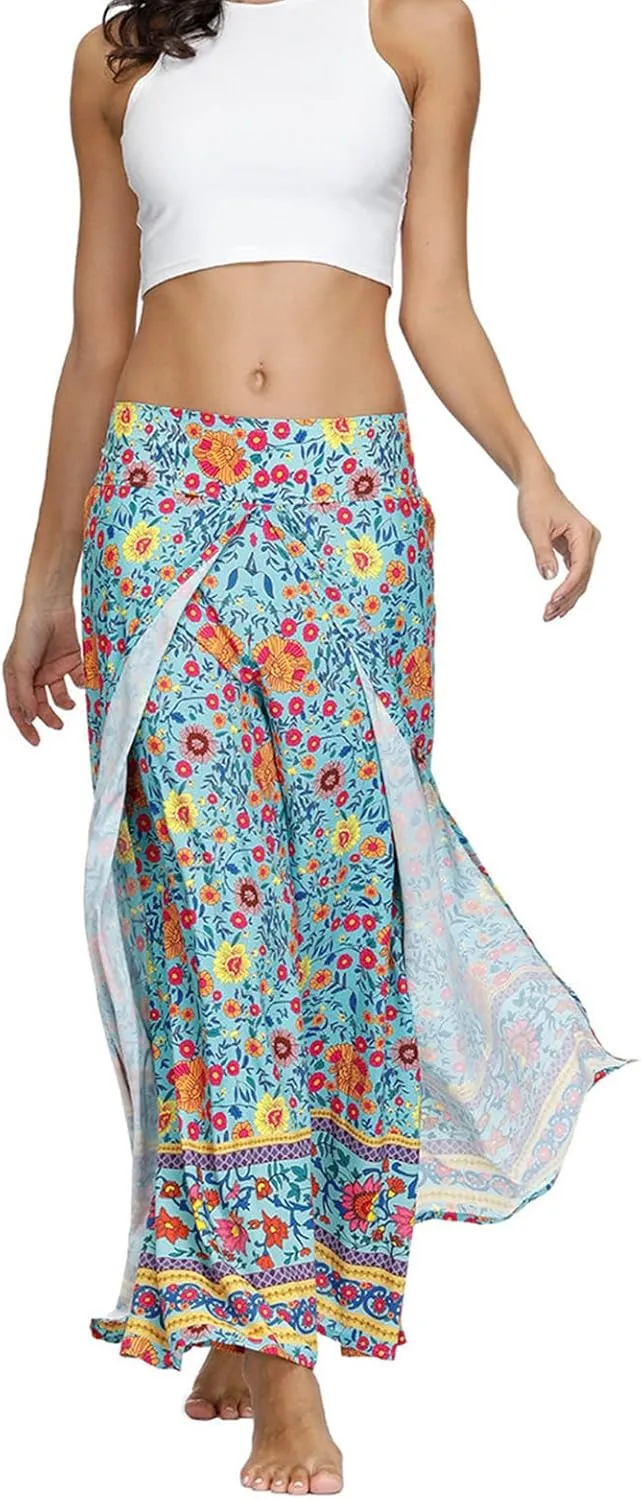 Women Linen High Waist Loose Harem Pants Flared Bottom Wide Leg Palazzo Casual Floral Print Beach Boho Trousers