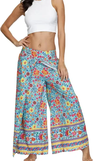 Women Linen High Waist Loose Harem Pants Flared Bottom Wide Leg Palazzo Casual Floral Print Beach Boho Trousers