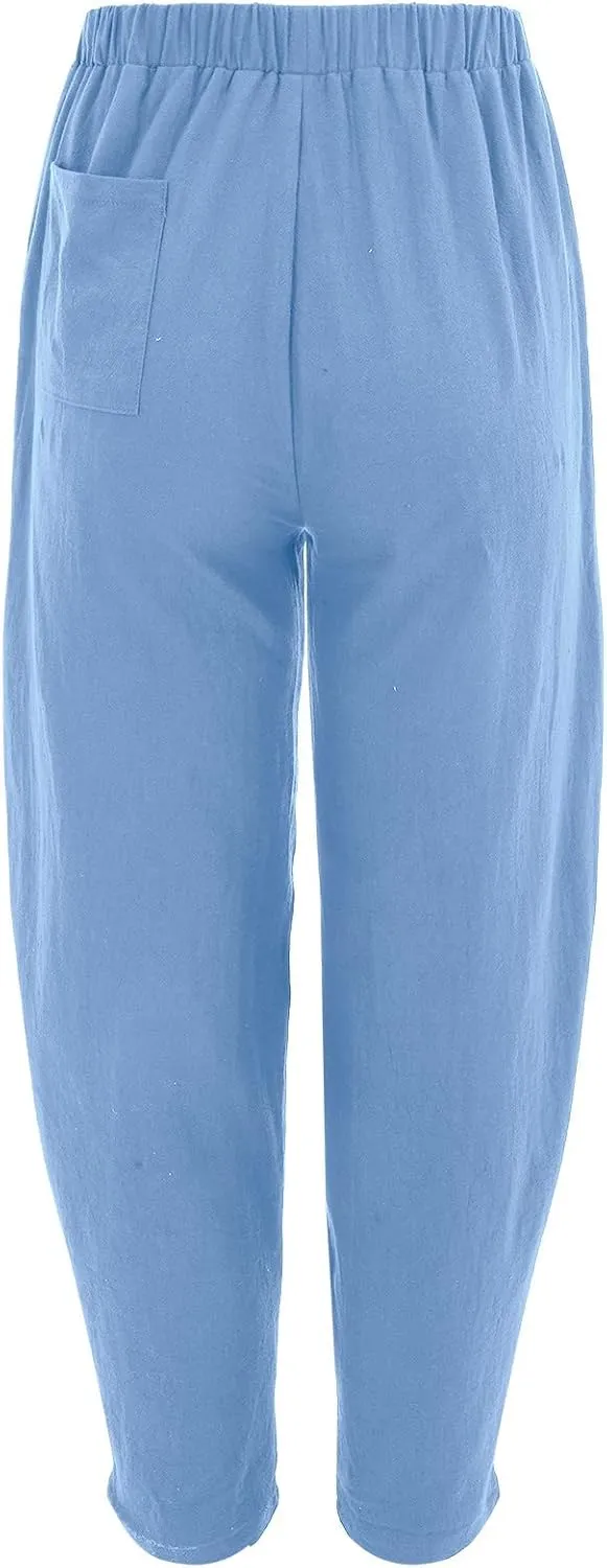 Women Linen Summer Baggy Pant Trousers Low Waist Stretchy Straight Loose Fit Pant Trousers Beach