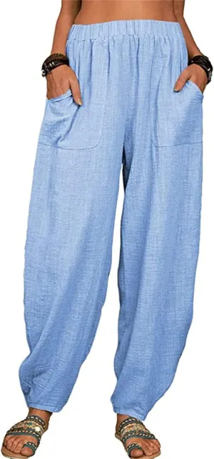 Women Linen Summer Baggy Pant Trousers Low Waist Stretchy Straight Loose Fit Pant Trousers Beach