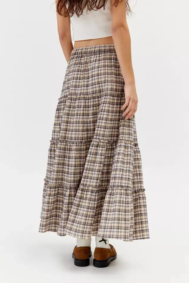Women Plaid Print Midi Skirts Elastic High Waist A Line Pleated Flowy Maxi Skirts Casual Tiered Summer Skirts