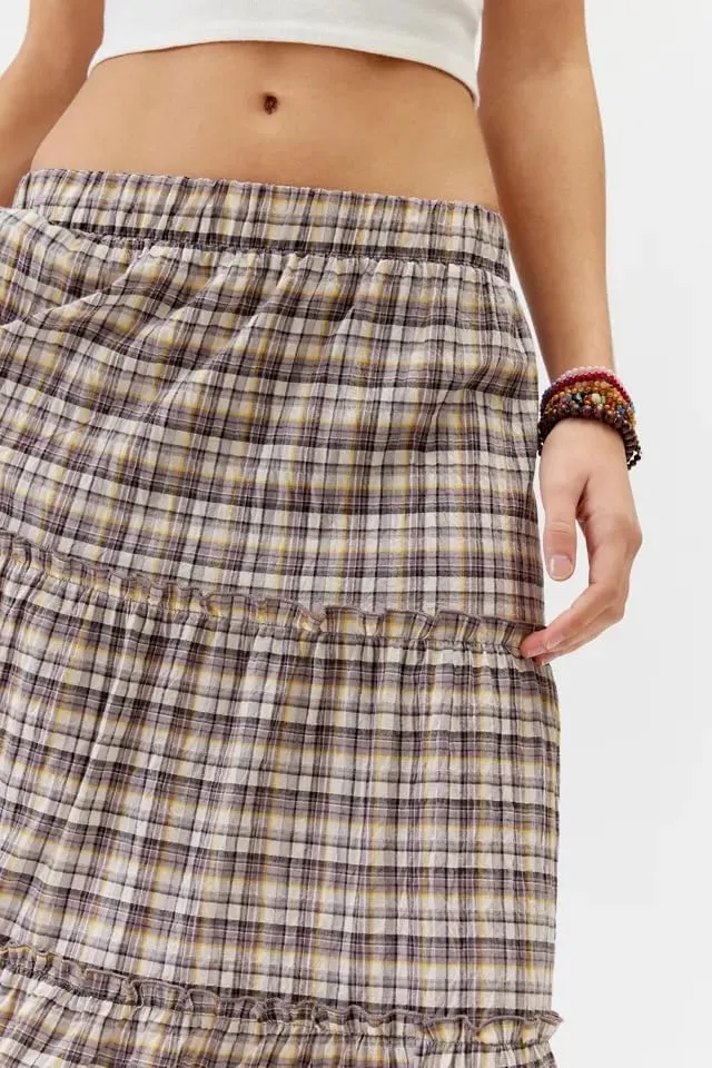 Women Plaid Print Midi Skirts Elastic High Waist A Line Pleated Flowy Maxi Skirts Casual Tiered Summer Skirts