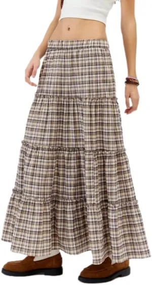 Women Plaid Print Midi Skirts Elastic High Waist A Line Pleated Flowy Maxi Skirts Casual Tiered Summer Skirts