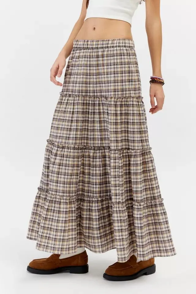 Women Plaid Print Midi Skirts Elastic High Waist A Line Pleated Flowy Maxi Skirts Casual Tiered Summer Skirts