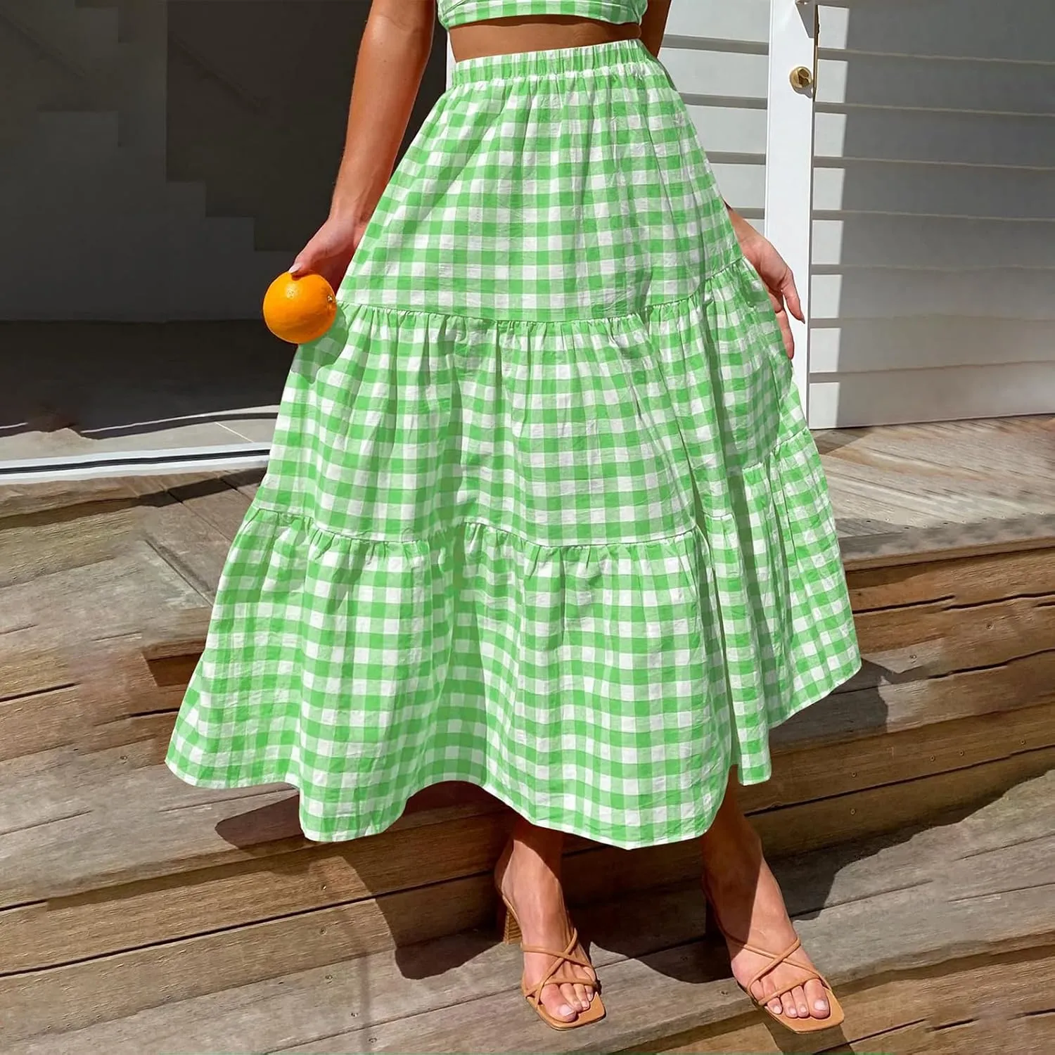 Women Plaid Tiered Maxi Skirt Elastic High Waist Vintage Gingham Pleated Long Skirt Y2K Flowy Swing A Line Skirt