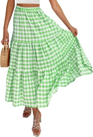 Women Plaid Tiered Maxi Skirt Elastic High Waist Vintage Gingham Pleated Long Skirt Y2K Flowy Swing A Line Skirt