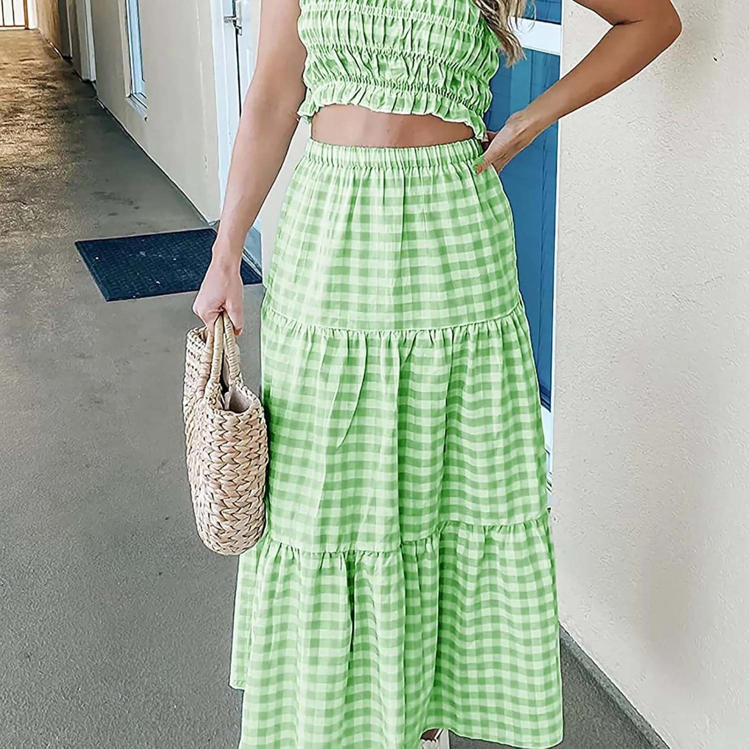 Women Plaid Tiered Maxi Skirt Elastic High Waist Vintage Gingham Pleated Long Skirt Y2K Flowy Swing A Line Skirt