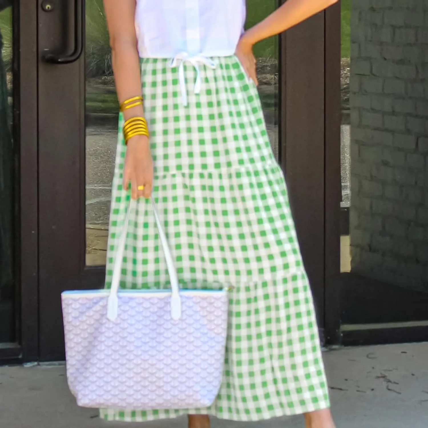 Women Plaid Tiered Maxi Skirt Elastic High Waist Vintage Gingham Pleated Long Skirt Y2K Flowy Swing A Line Skirt