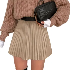 Women Pleated Mini Skirt High Waisted Solid Color Casual A-Line Skirts