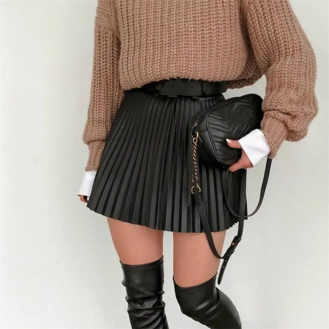 Women Pleated Mini Skirt High Waisted Solid Color Casual A-Line Skirts
