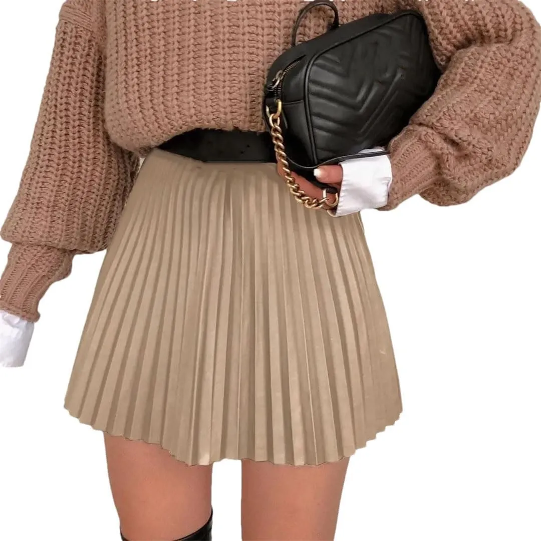 Women Pleated Mini Skirt High Waisted Solid Color Casual A-Line Skirts