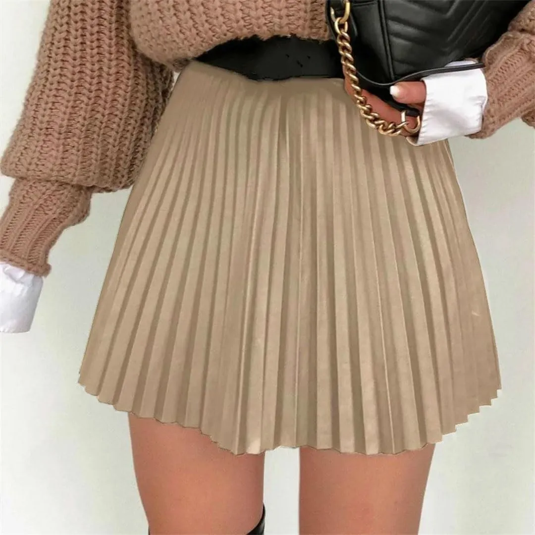 Women Pleated Mini Skirt High Waisted Solid Color Casual A-Line Skirts