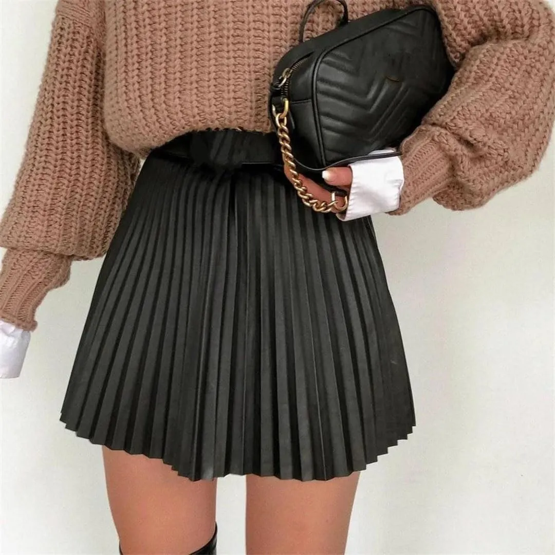 Women Pleated Mini Skirt High Waisted Solid Color Casual A-Line Skirts