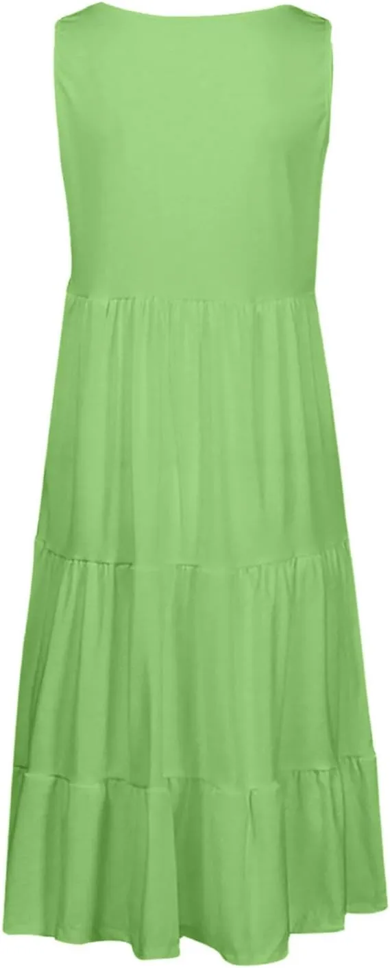 Women Plus Size Tank Dress Sleeveless Crew Neck Pleated Beach Mini Dresses Ruffle Tiered Flowy Summer Sundresses