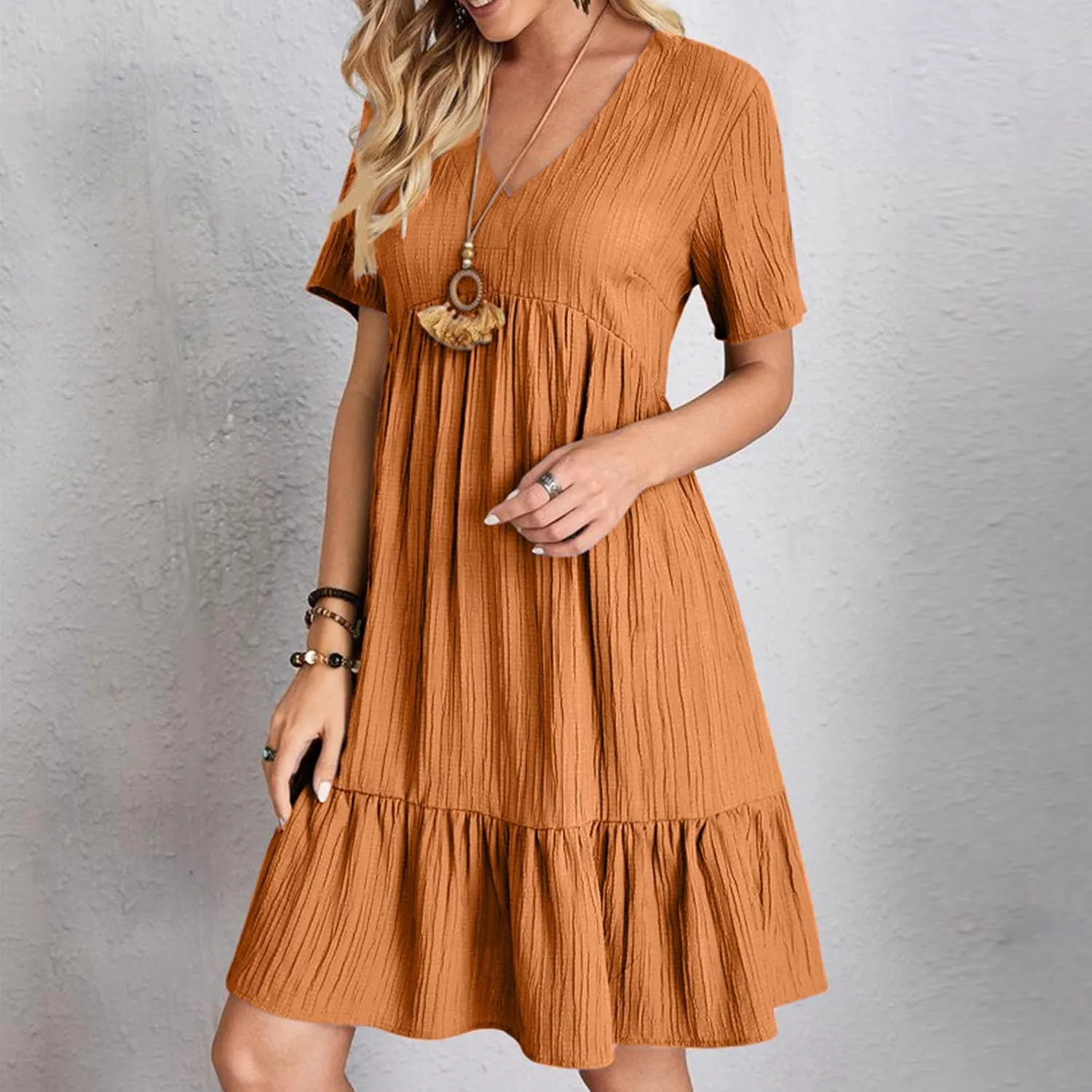 Women Ruffle Tiered Layered Flowy A Line Dresses Short Sleeve V Neck Summer Dress Holiday Casual Beach Sundress