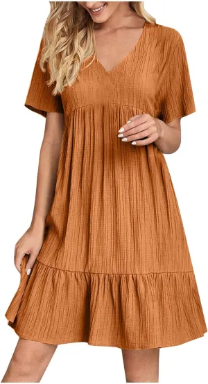 Women Ruffle Tiered Layered Flowy A Line Dresses Short Sleeve V Neck Summer Dress Holiday Casual Beach Sundress