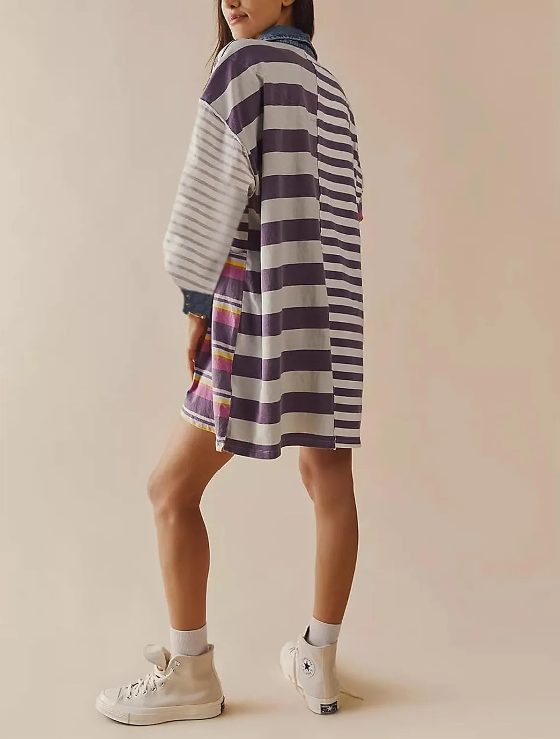 Women Sweatshirt Dress Y2k Striped Pullover Tops Colorblock Hoodie Dresses Button Oversized Sweatshirts Fall Fashion