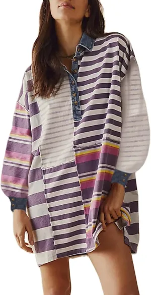 Women Sweatshirt Dress Y2k Striped Pullover Tops Colorblock Hoodie Dresses Button Oversized Sweatshirts Fall Fashion