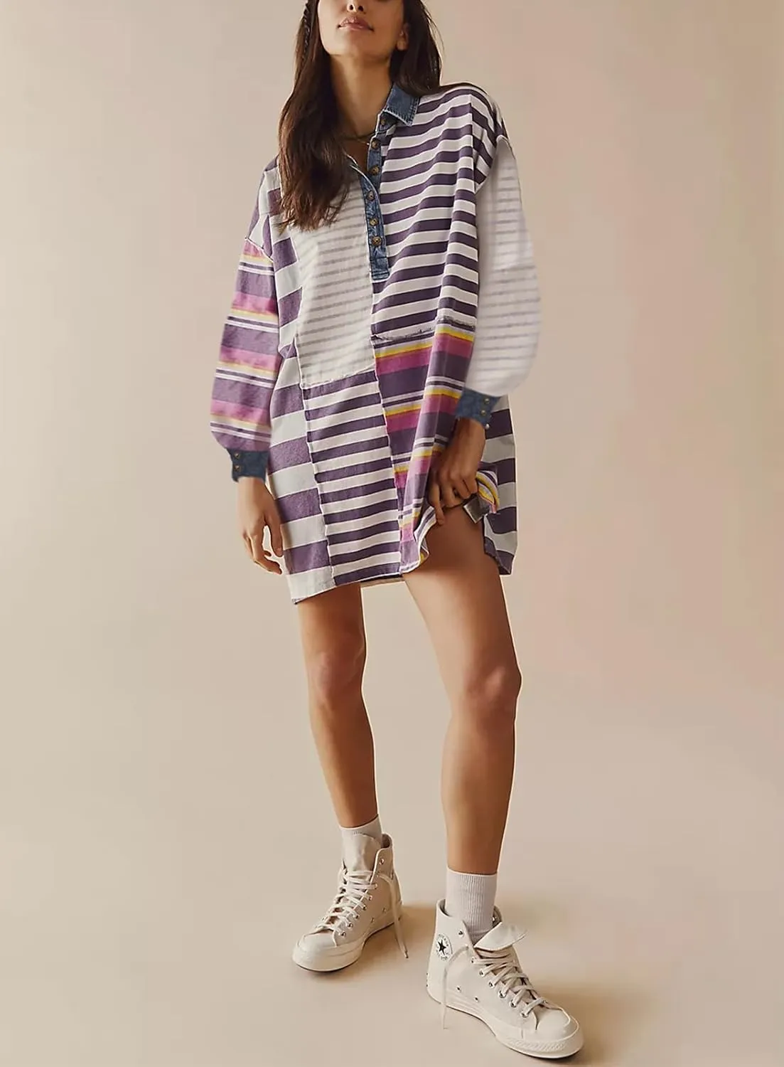 Women Sweatshirt Dress Y2k Striped Pullover Tops Colorblock Hoodie Dresses Button Oversized Sweatshirts Fall Fashion
