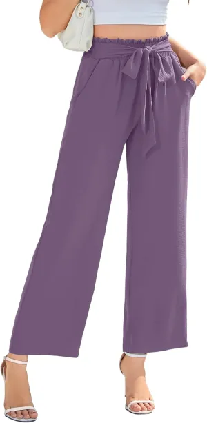 Women Wide Leg Casual Pants Trendy High Waisted Adjustable Tie Knot Loose Trouser with Pockets