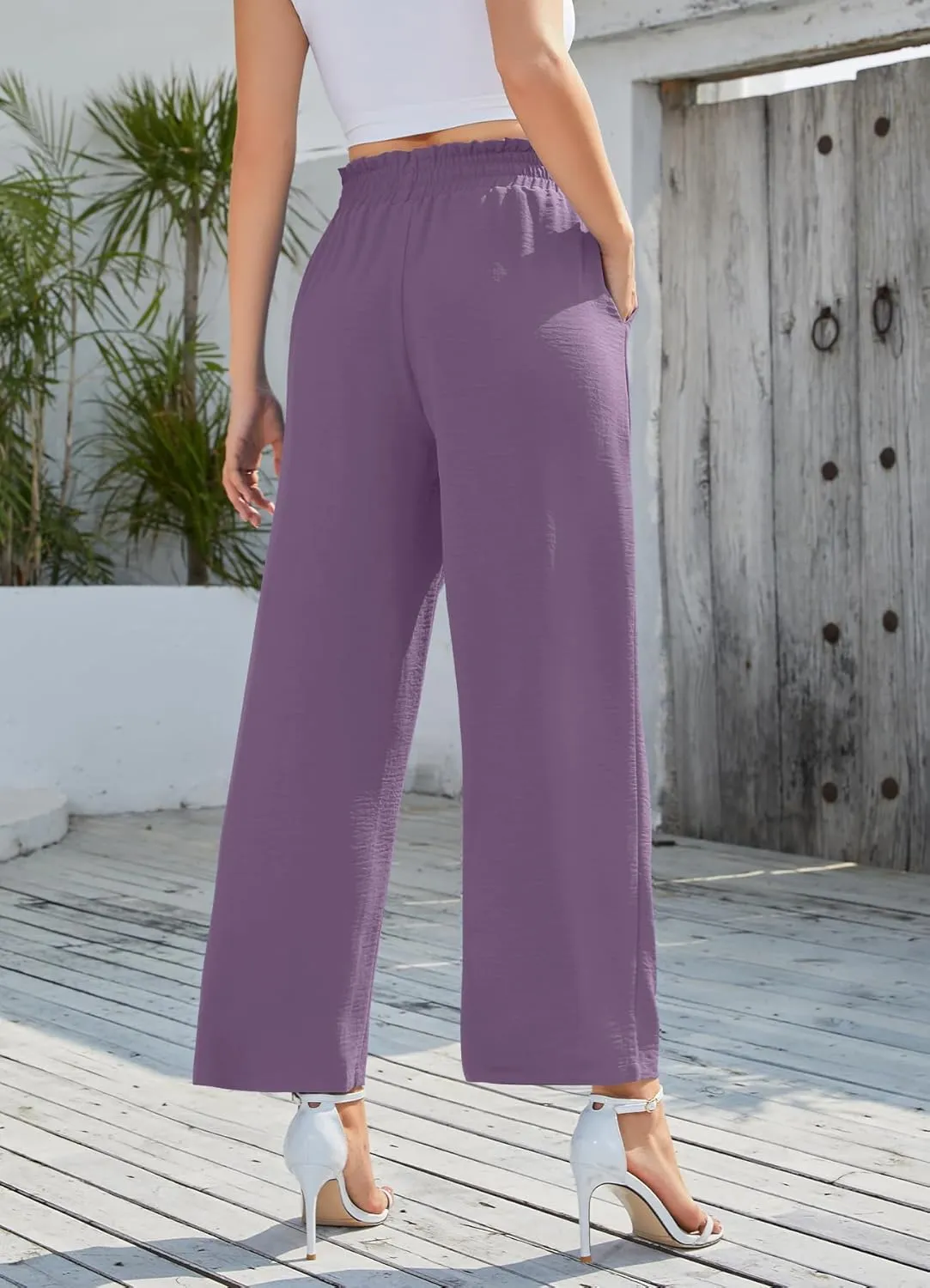 Women Wide Leg Casual Pants Trendy High Waisted Adjustable Tie Knot Loose Trouser with Pockets