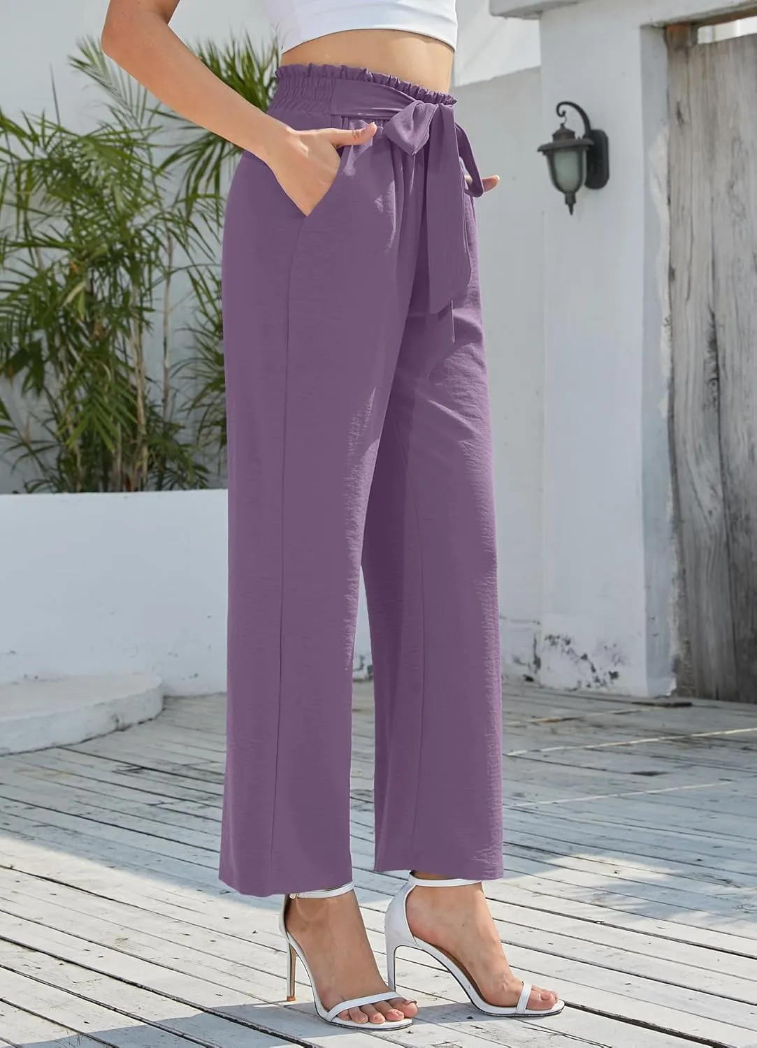Women Wide Leg Casual Pants Trendy High Waisted Adjustable Tie Knot Loose Trouser with Pockets