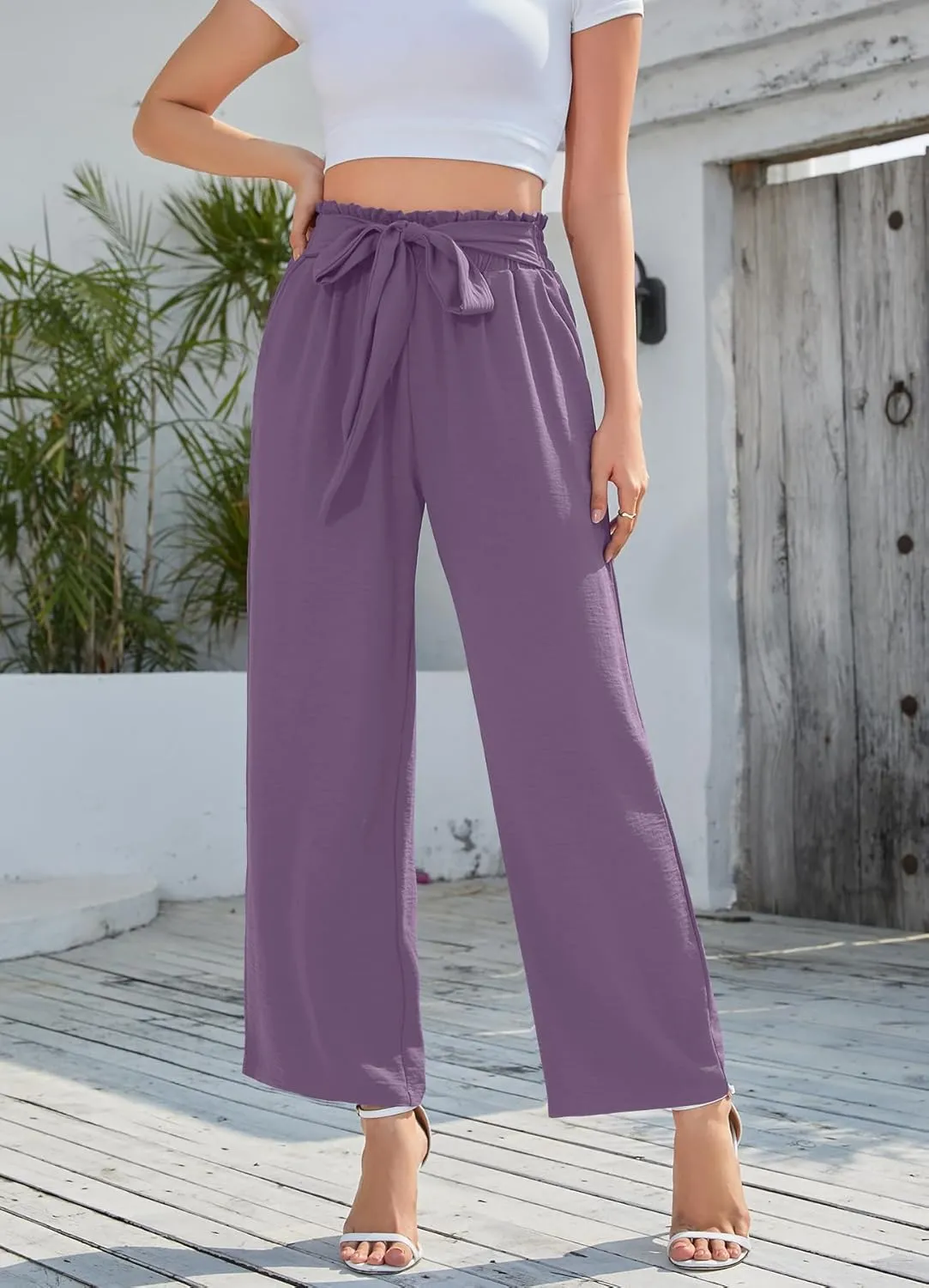 Women Wide Leg Casual Pants Trendy High Waisted Adjustable Tie Knot Loose Trouser with Pockets