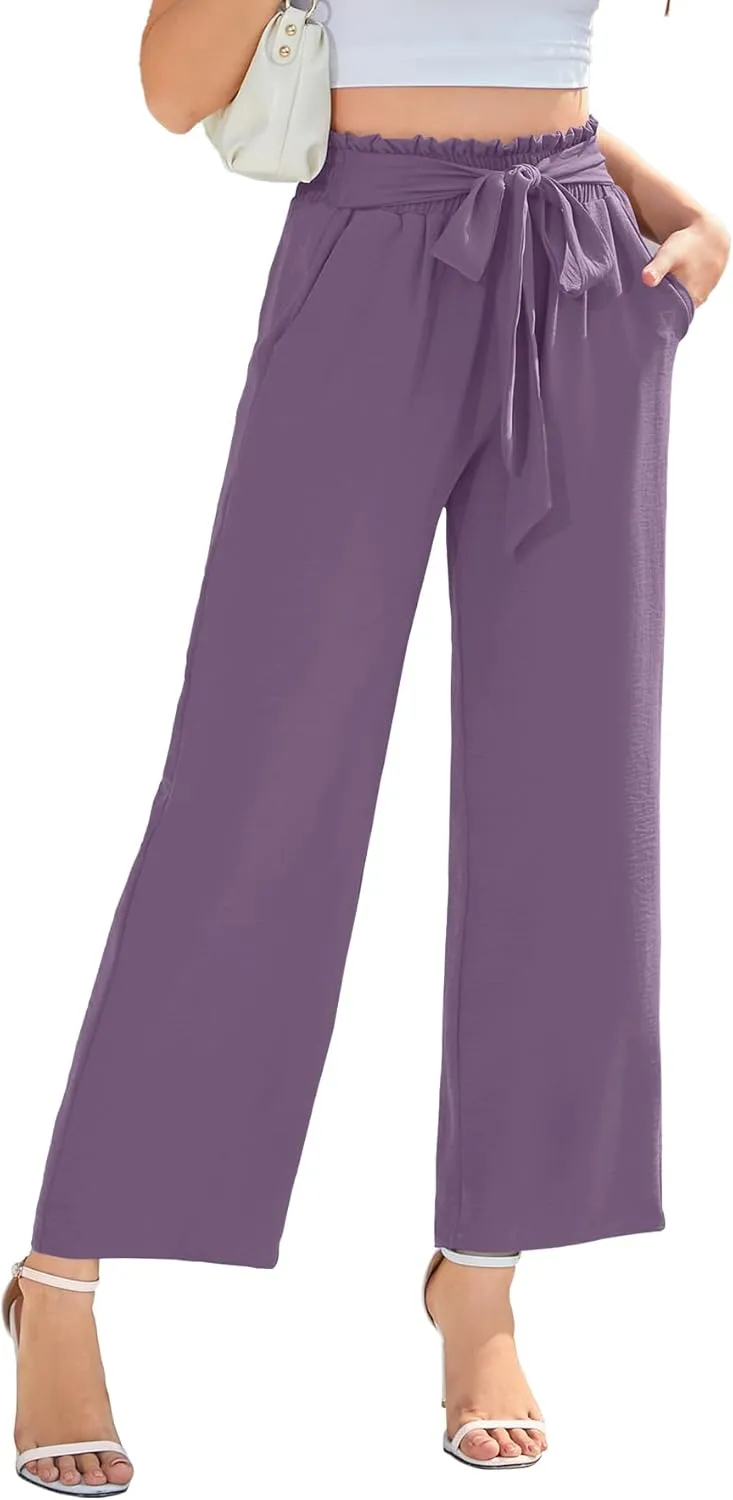 Women Wide Leg Casual Pants Trendy High Waisted Adjustable Tie Knot Loose Trouser with Pockets