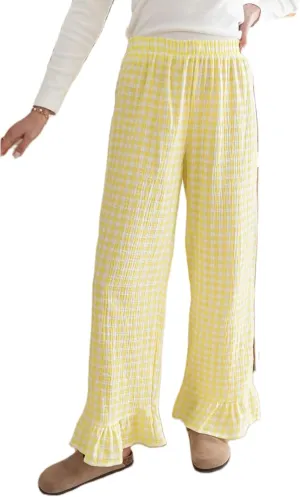 Women Y2K Plaid Pants Gingham Elastic Waist Ruffle Hem Wide Leg Lounge Trousers Casual Loose Fit Aesthetic Pants