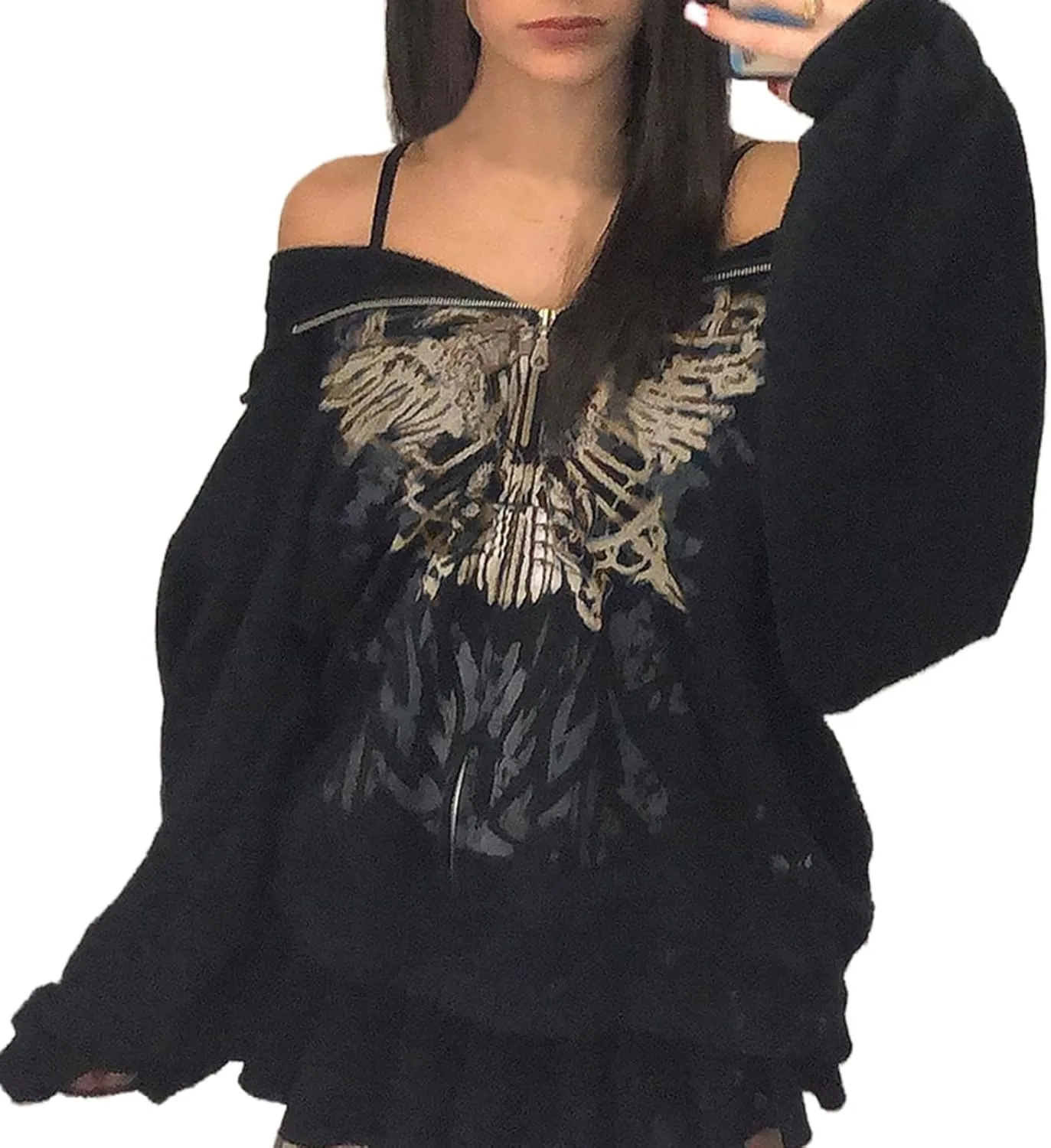 Women Zip Up Oversized Y2k Hoodie Sweatshirt Long Sleeve Butterfly Print Vintage 90s Tops Streetwear