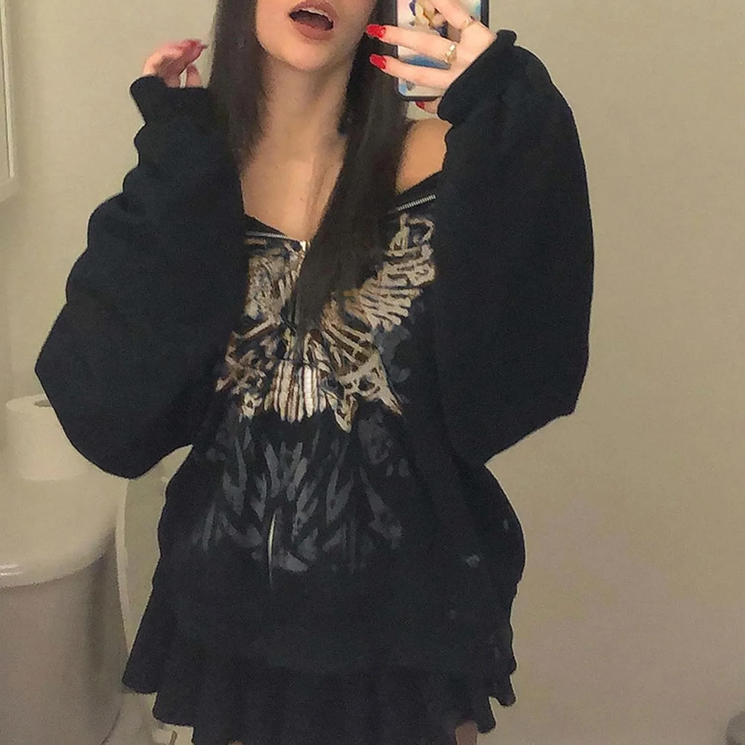 Women Zip Up Oversized Y2k Hoodie Sweatshirt Long Sleeve Butterfly Print Vintage 90s Tops Streetwear